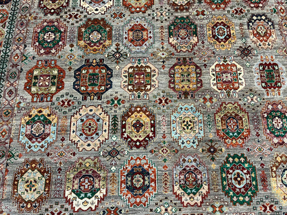 8X10 Afghan Karajah Gray/Blue Handmade Wool Rug # 14608