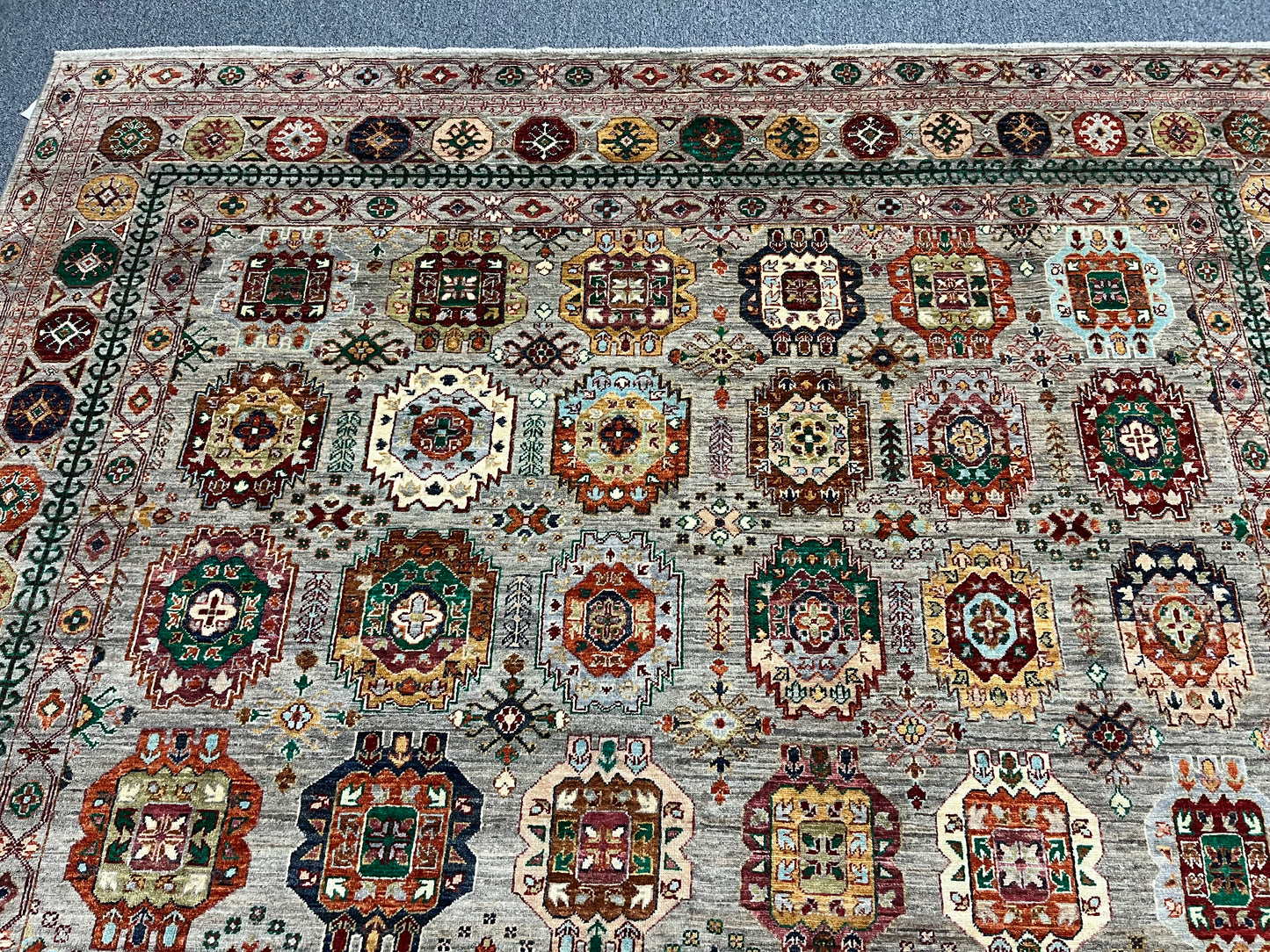 8X10 Afghan Karajah Gray/Blue Handmade Wool Rug # 14608