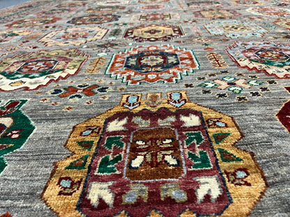 8X10 Afghan Karajah Gray/Blue Handmade Wool Rug # 14608