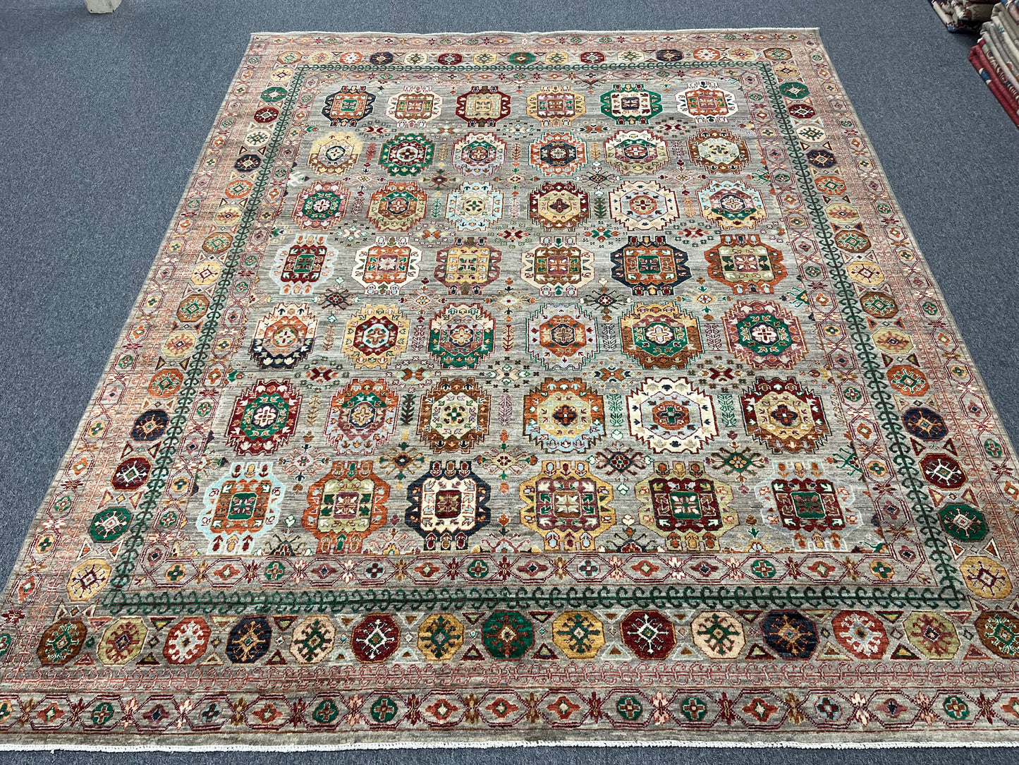 8X10 Afghan Karajah Gray/Blue Handmade Wool Rug # 14608