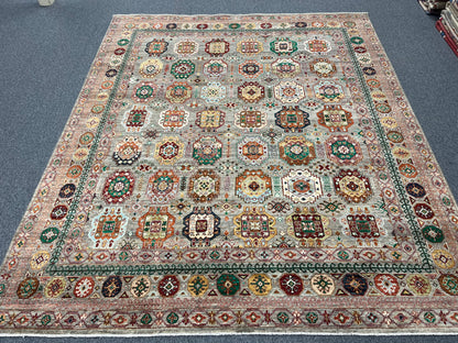 8X10 Afghan Karajah Gray/Blue Handmade Wool Rug # 14608