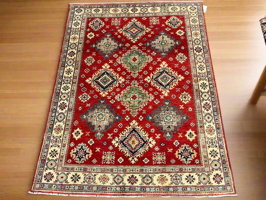 Red/Beige 5X7 Kazak Handmade Wool Rug # 13842