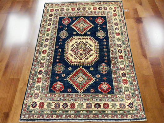Navy Blue 5X7 Kazak Handmade Wool Rug # 13704