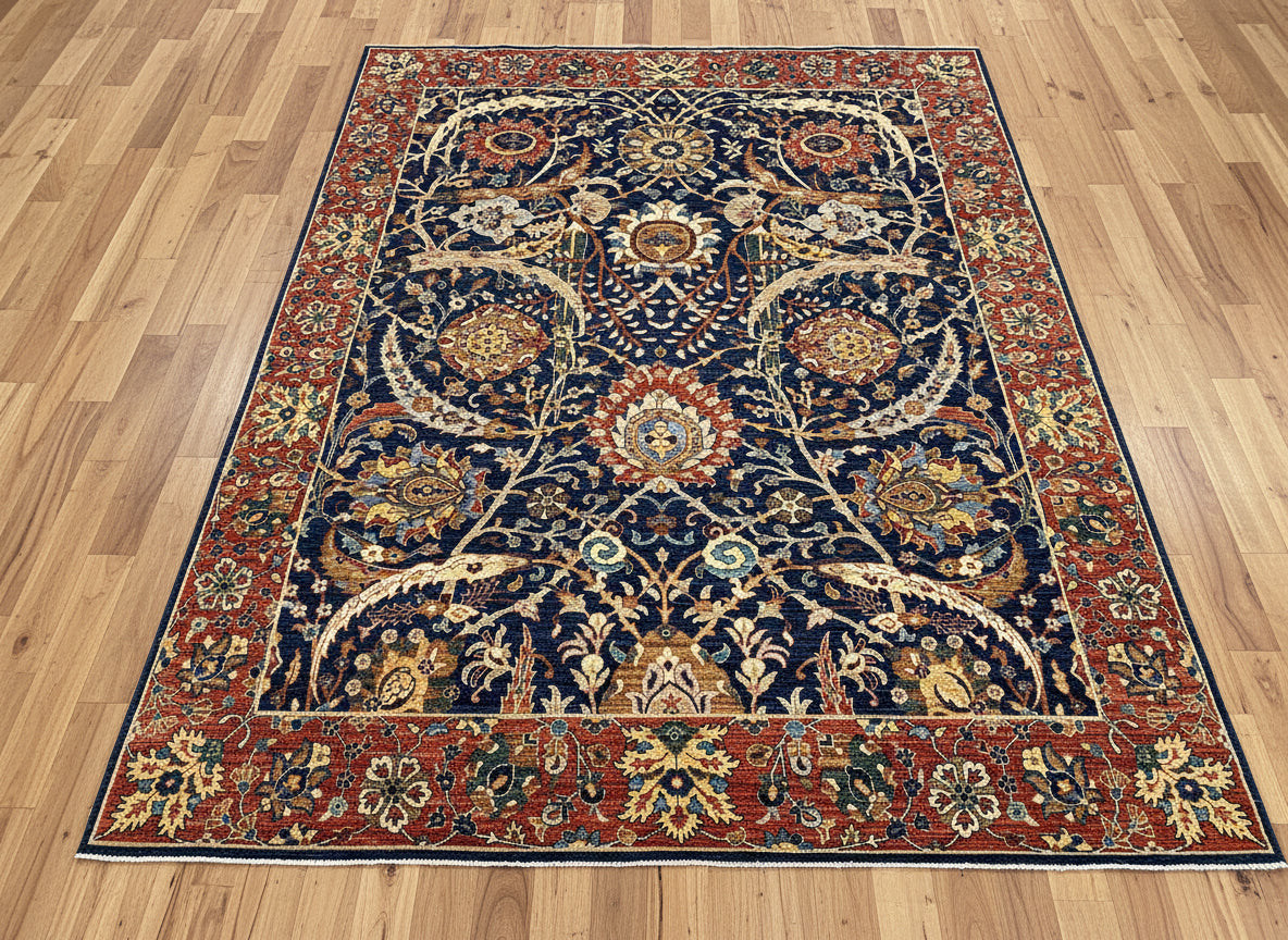 8X10 Afghan Tabrez Red/Navy Handmade Wool Rug # 14628