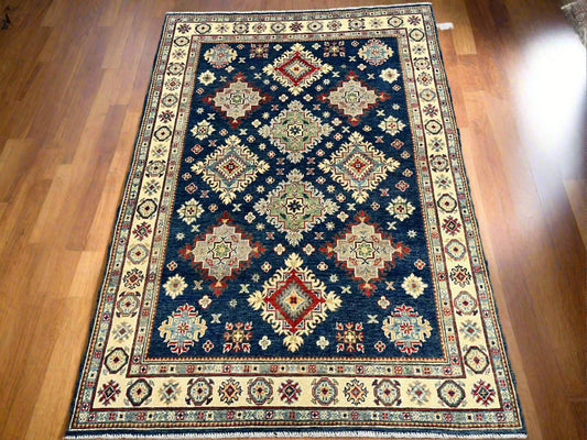 5X7 Kazak Navy Blue Handmade Wool Rug # 13705