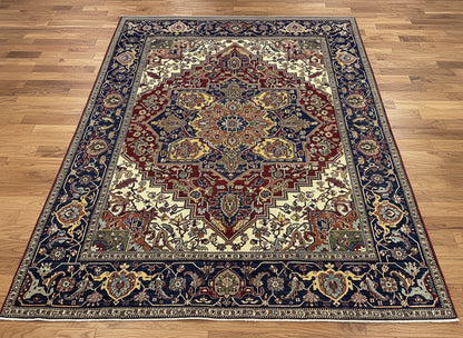 8X10 Afghan Heriz Red/Navy Handmade Wool Rug # 14613