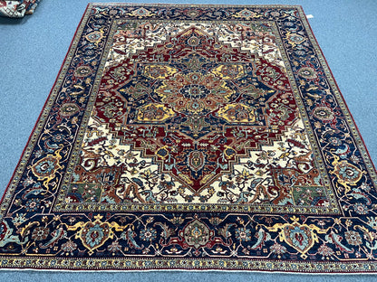 8X10 Afghan Heriz Red/Navy Handmade Wool Rug # 14613