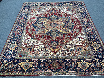 8X10 Afghan Heriz Red/Navy Handmade Wool Rug # 14613