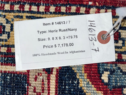 8X10 Afghan Heriz Red/Navy Handmade Wool Rug # 14613