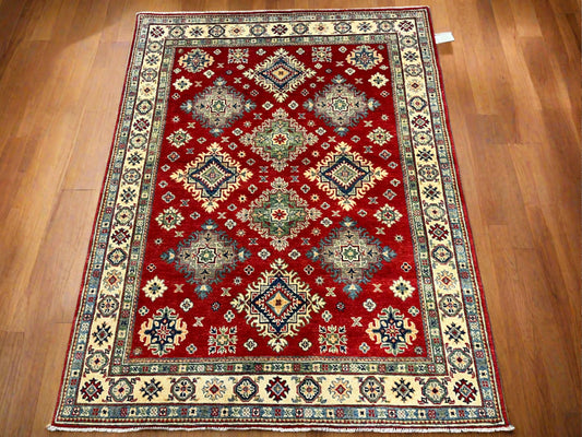 Kazak Geometric Red 5X7 Handmade Wool Rug # 13617