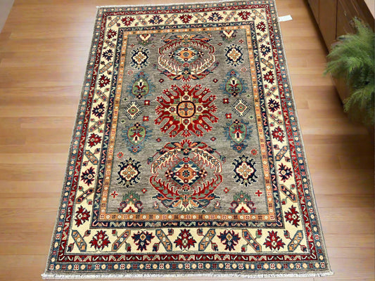 5X7 Kazak Gray Beige Handmade Wool Rug # 13836