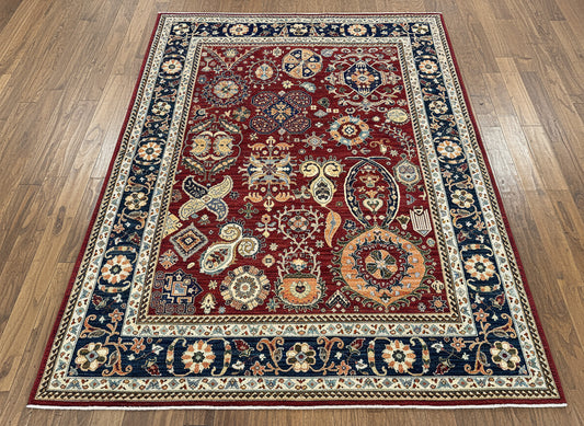 8X10 Afghan Agra Red/Navy Handmade Wool Rug # 14624