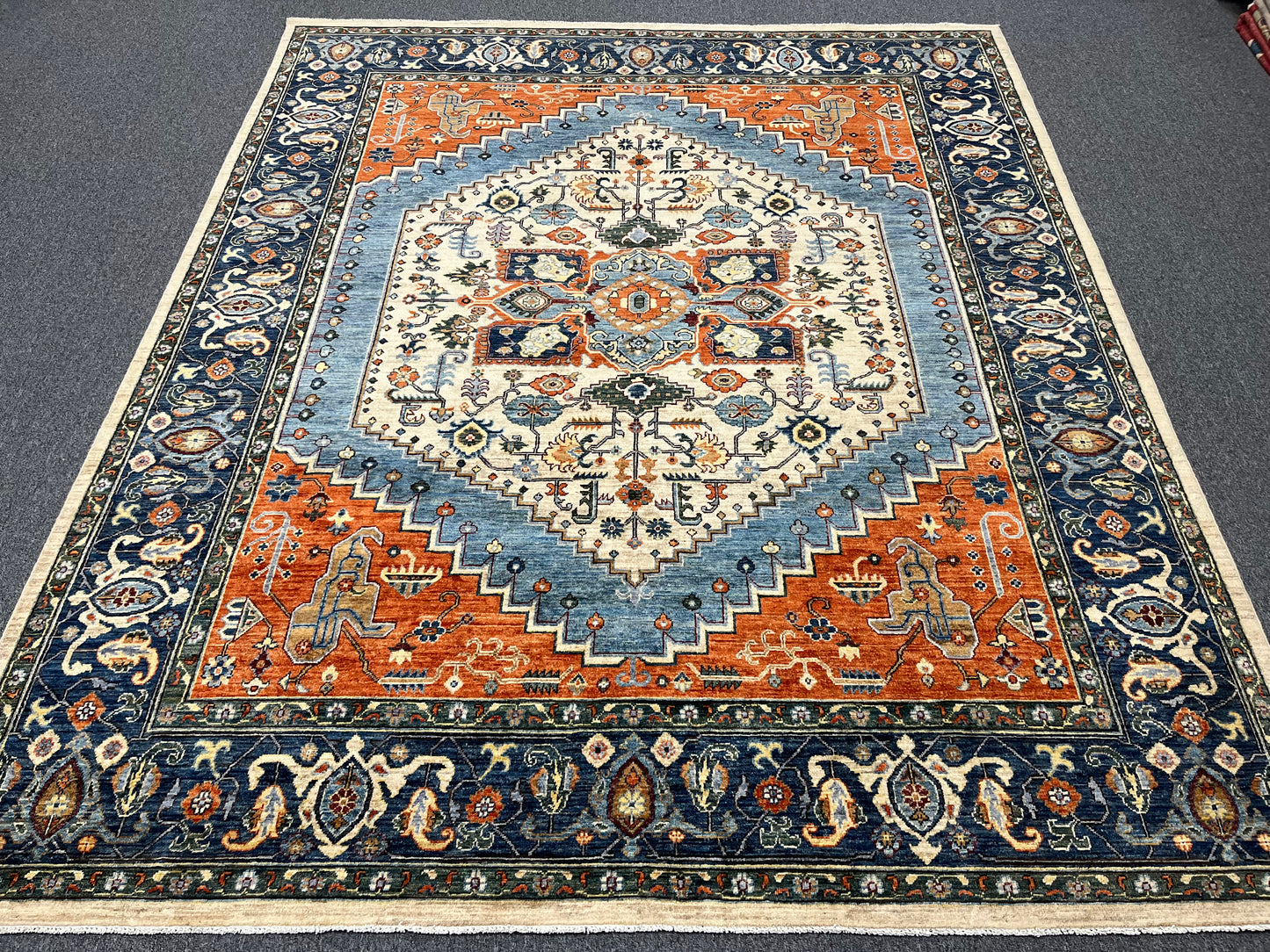 8X10 Afghan Heriz Red/Navy Handmade Wool Rug # 14623