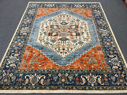 8X10 Afghan Heriz Red/Navy Handmade Wool Rug # 14623