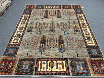 8X10 Afghan Tree of Life Silver Handmade Wool Rug # 14622