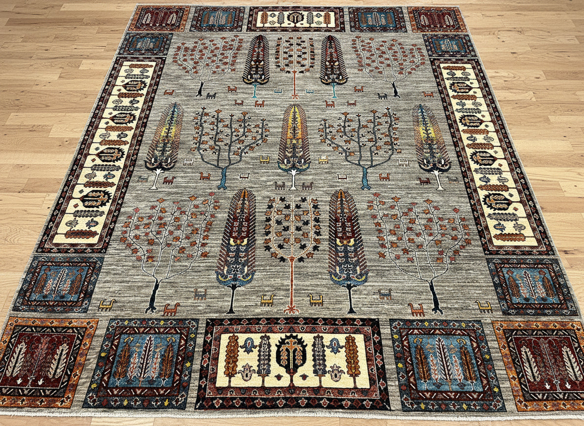 8X10 Afghan Tree of Life Silver Handmade Wool Rug # 14622