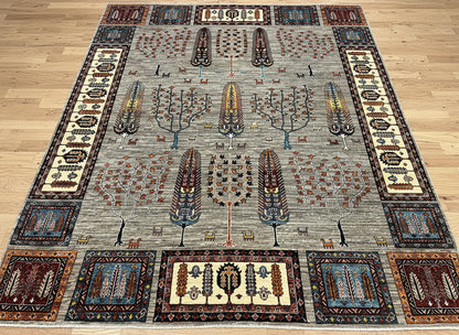 8X10 Afghan Tree of Life Silver Handmade Wool Rug # 14622