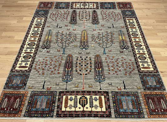 8X10 Afghan Tree of Life Silver Handmade Wool Rug # 14622