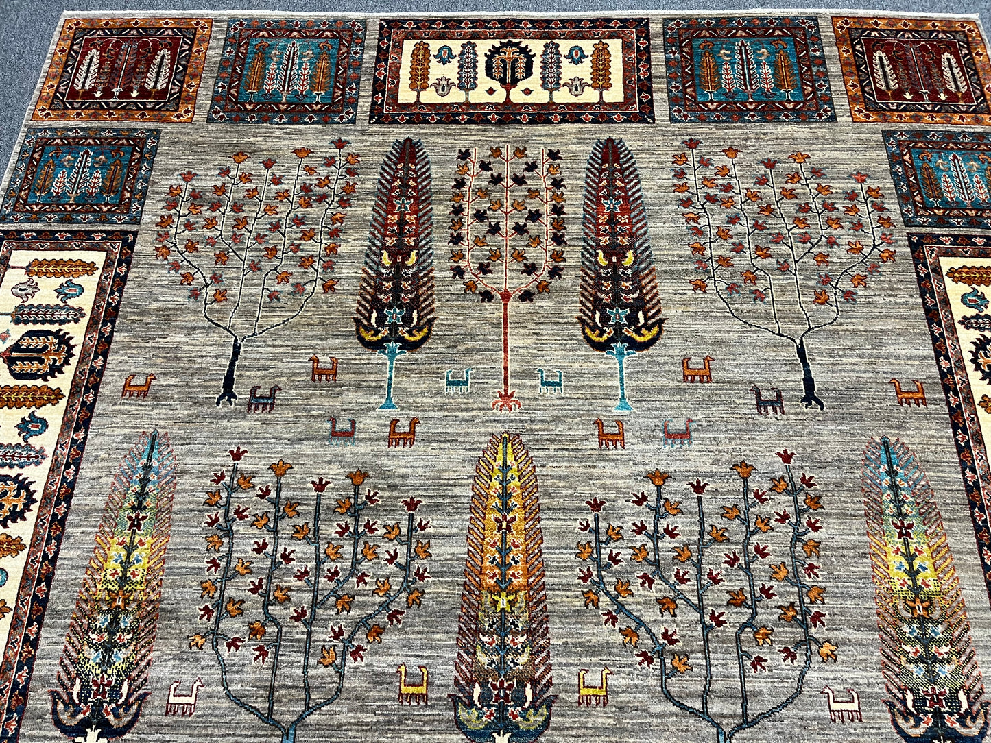 8X10 Afghan Tree of Life Silver Handmade Wool Rug # 14622