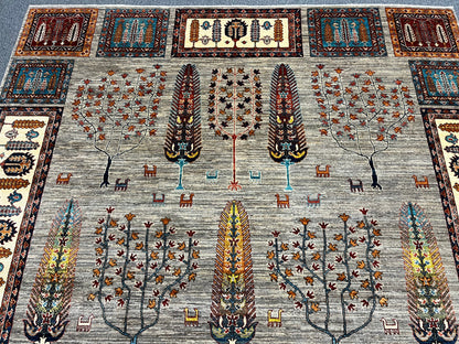 8X10 Afghan Tree of Life Silver Handmade Wool Rug # 14622