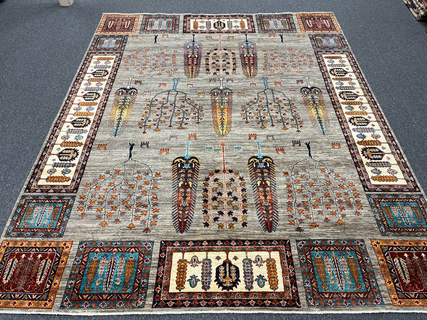 8X10 Afghan Tree of Life Silver Handmade Wool Rug # 14622