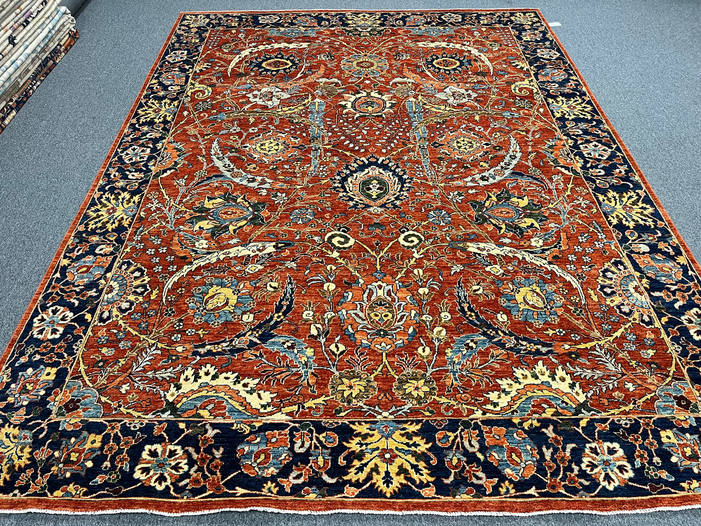 9X12 Afghan Agra Red/Navy Handmade Wool Rug # 14653