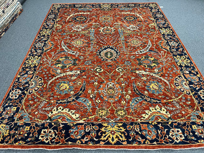 9X12 Afghan Agra Red/Navy Handmade Wool Rug # 14653