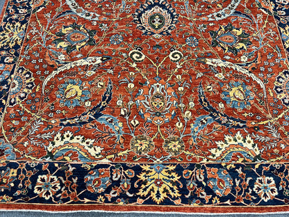 9X12 Afghan Agra Red/Navy Handmade Wool Rug # 14653