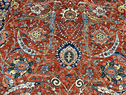 9X12 Afghan Agra Red/Navy Handmade Wool Rug # 14653