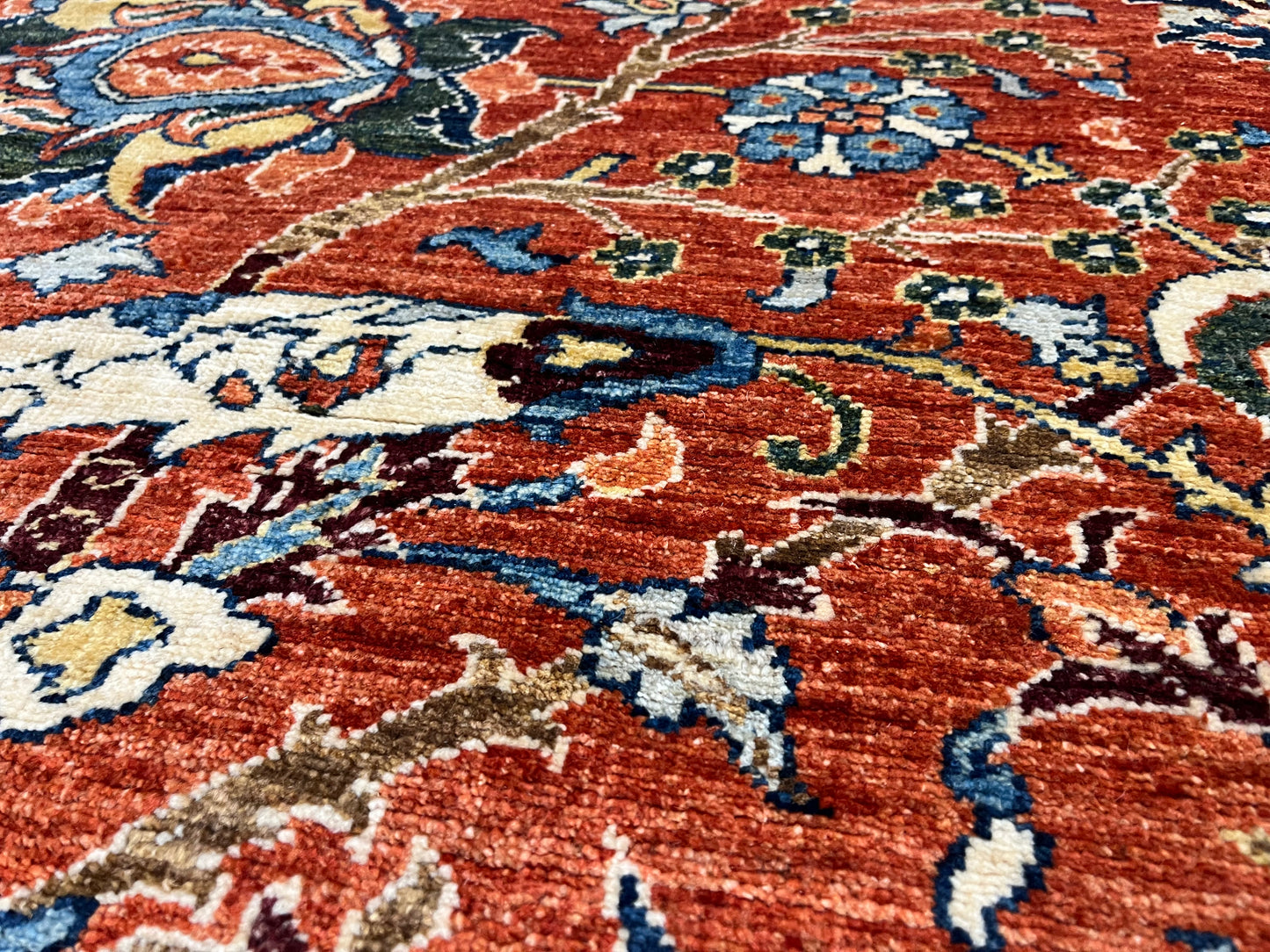 9X12 Afghan Agra Red/Navy Handmade Wool Rug # 14653