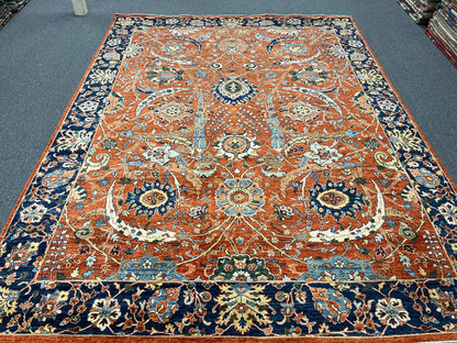 9X12 Afghan Agra Red/Navy Handmade Wool Rug # 14653