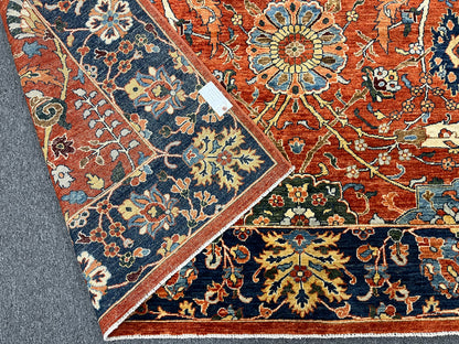 9X12 Afghan Agra Red/Navy Handmade Wool Rug # 14653