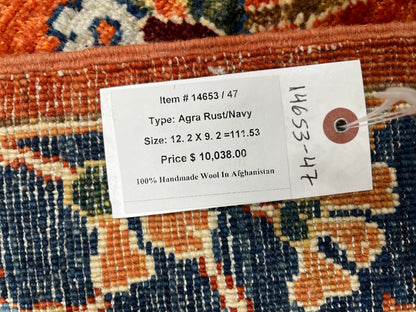 9X12 Afghan Agra Red/Navy Handmade Wool Rug # 14653