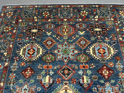 9X12 Afghan Karaja Light Blue Handmade Wool Rug # 14611