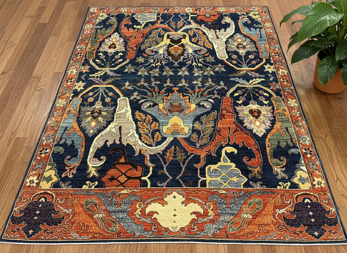 8X10 Afghan Bijer Rust/Blue Handmade Wool Rug # 14657