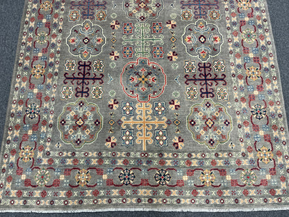 Gray Geometric Kazak 6x9 Handmade Wool Rug # 13898