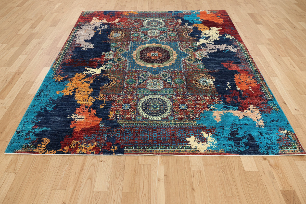 8X10 Mamluk Multicolor Abstract Handmade Wool Rug # 14723
