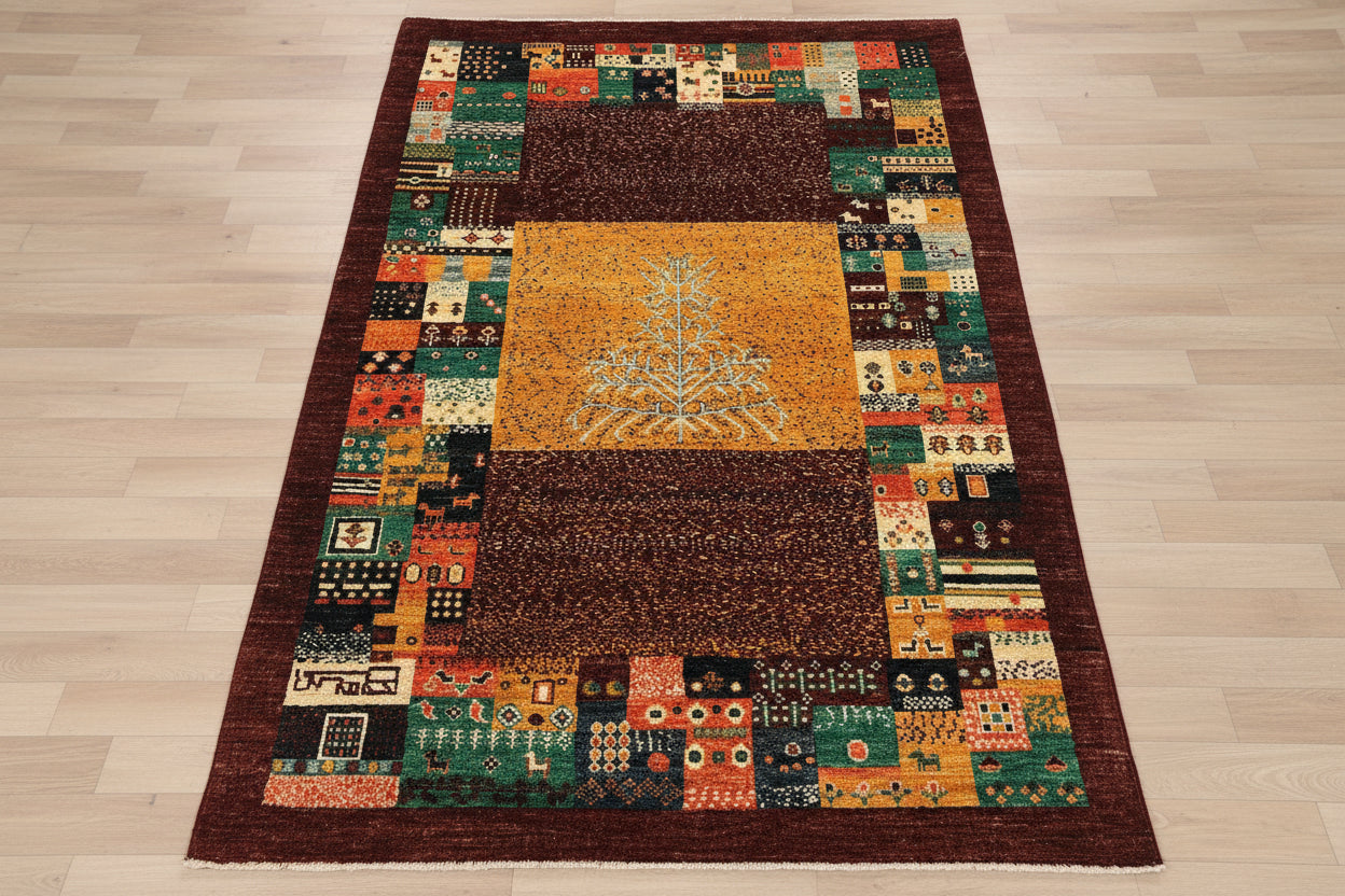 4X6 Dark Red Gabbeh Handmade Wool Rug # 14744