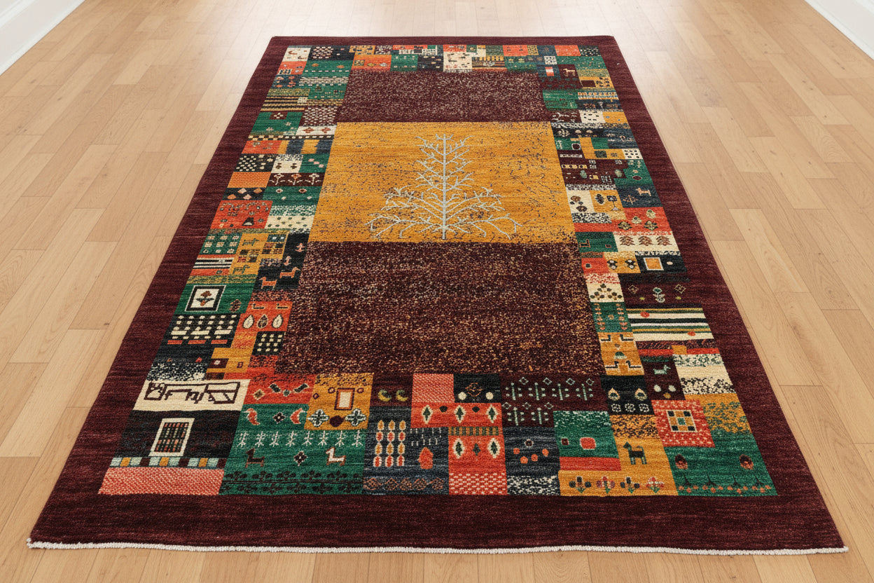 5X8 Dark Red Gabbeh Handmade Wool Rug # 14743