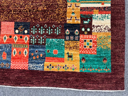 5X8 Dark Red Gabbeh Handmade Wool Rug # 14743
