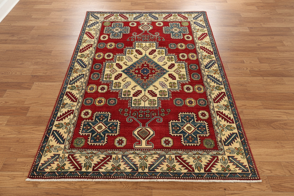 Kazak Red 5X6 Handmade Wool Rug # 10903