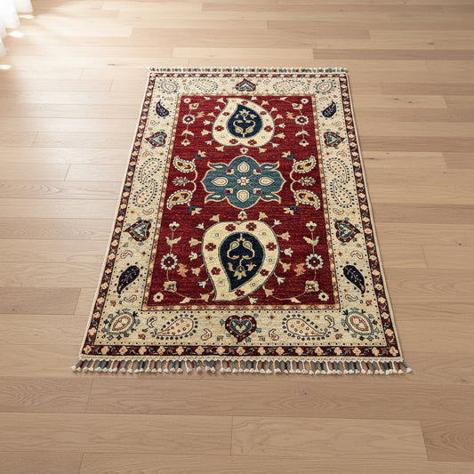 4X6 Suzani Red/Beige Handmade Wool Rug # 11302