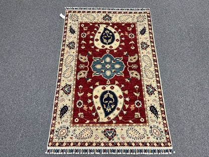 4X6 Suzani Red/Beige Handmade Wool Rug # 11302
