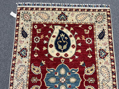 4X6 Suzani Red/Beige Handmade Wool Rug # 11302