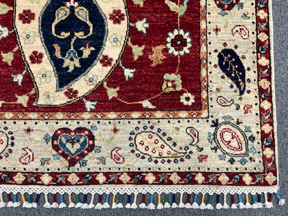 4X6 Suzani Red/Beige Handmade Wool Rug # 11302