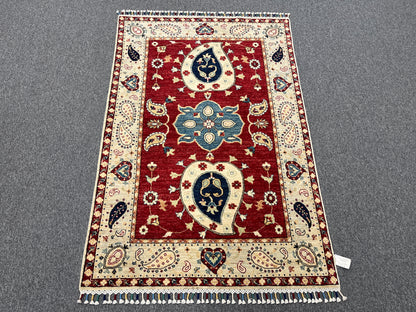 4X6 Suzani Red/Beige Handmade Wool Rug # 11302