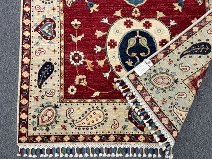 4X6 Suzani Red/Beige Handmade Wool Rug # 11302