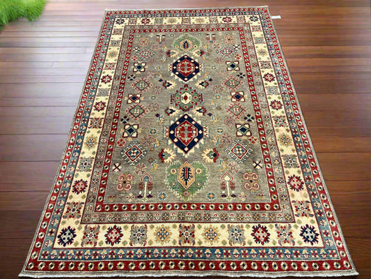 Kazak Gray Geometric 6X9 Handmade Wool Rug # 13658