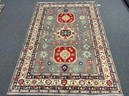 Kazak Gray Geometric 6X9 Handmade Wool Rug # 13908
