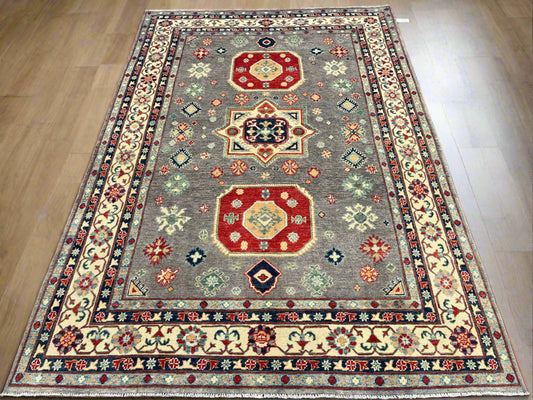 Kazak Gray Geometric 6X9 Handmade Wool Rug # 13908